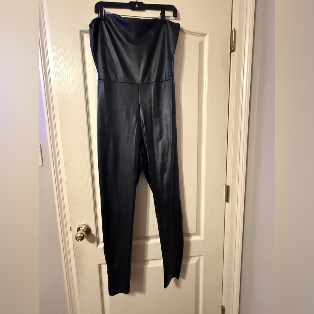 PrettyLittleThing Faux Leather Strapless Jumpsuit | Size 14 | Black
